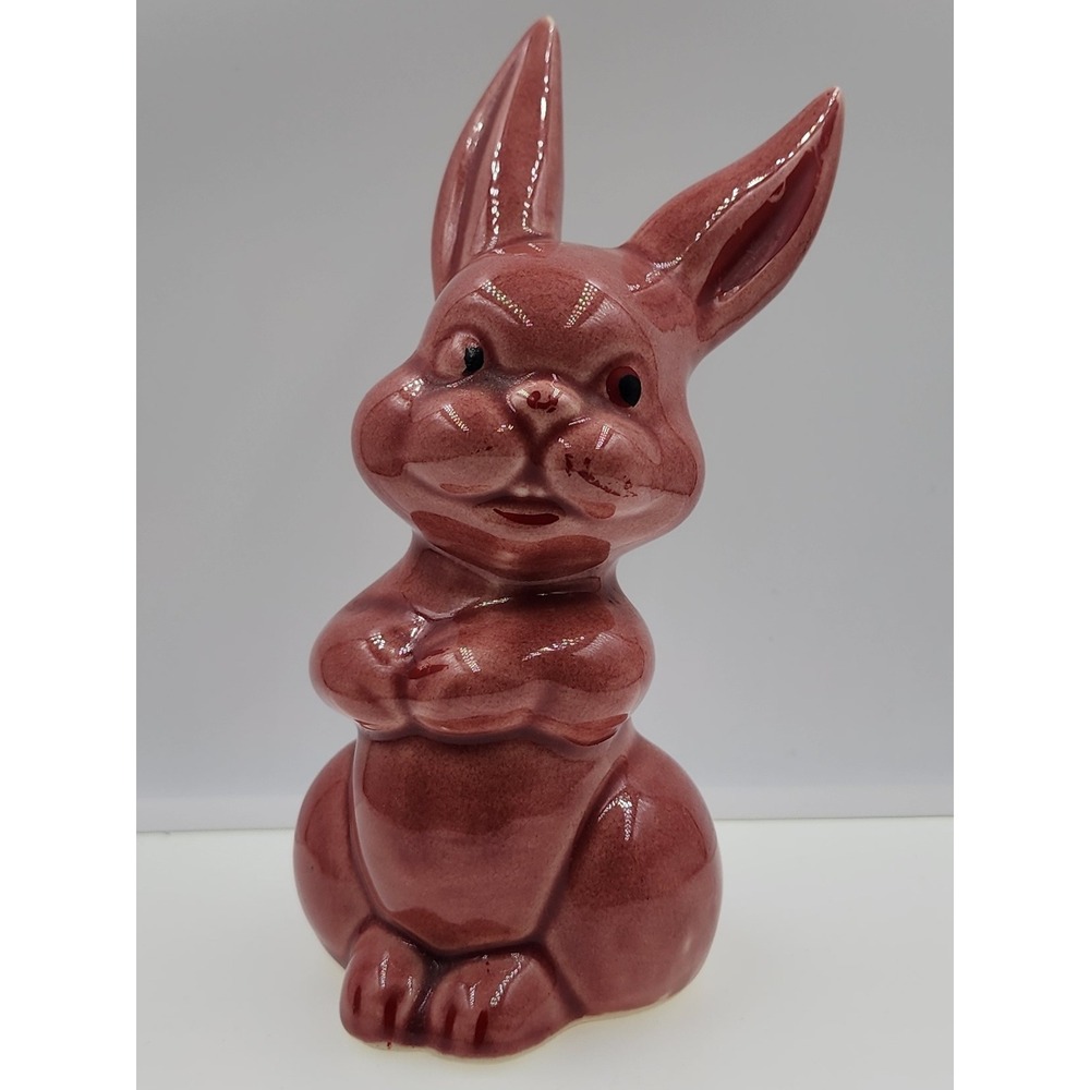 Vintage 968 USA Pink Ceramic Bunny Rabbit Cotton Ball Holder MCM Easter 6.5"